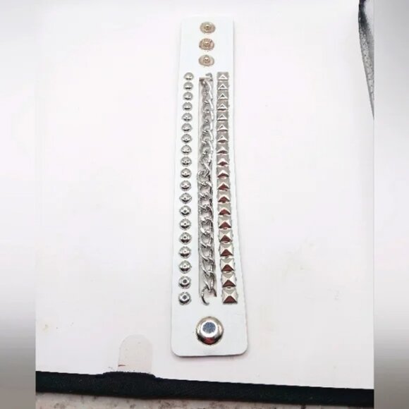 Studded White Belt Vegan Leather + Goth White Stud and Chain Leather Bracelet - Picture 6 of 13